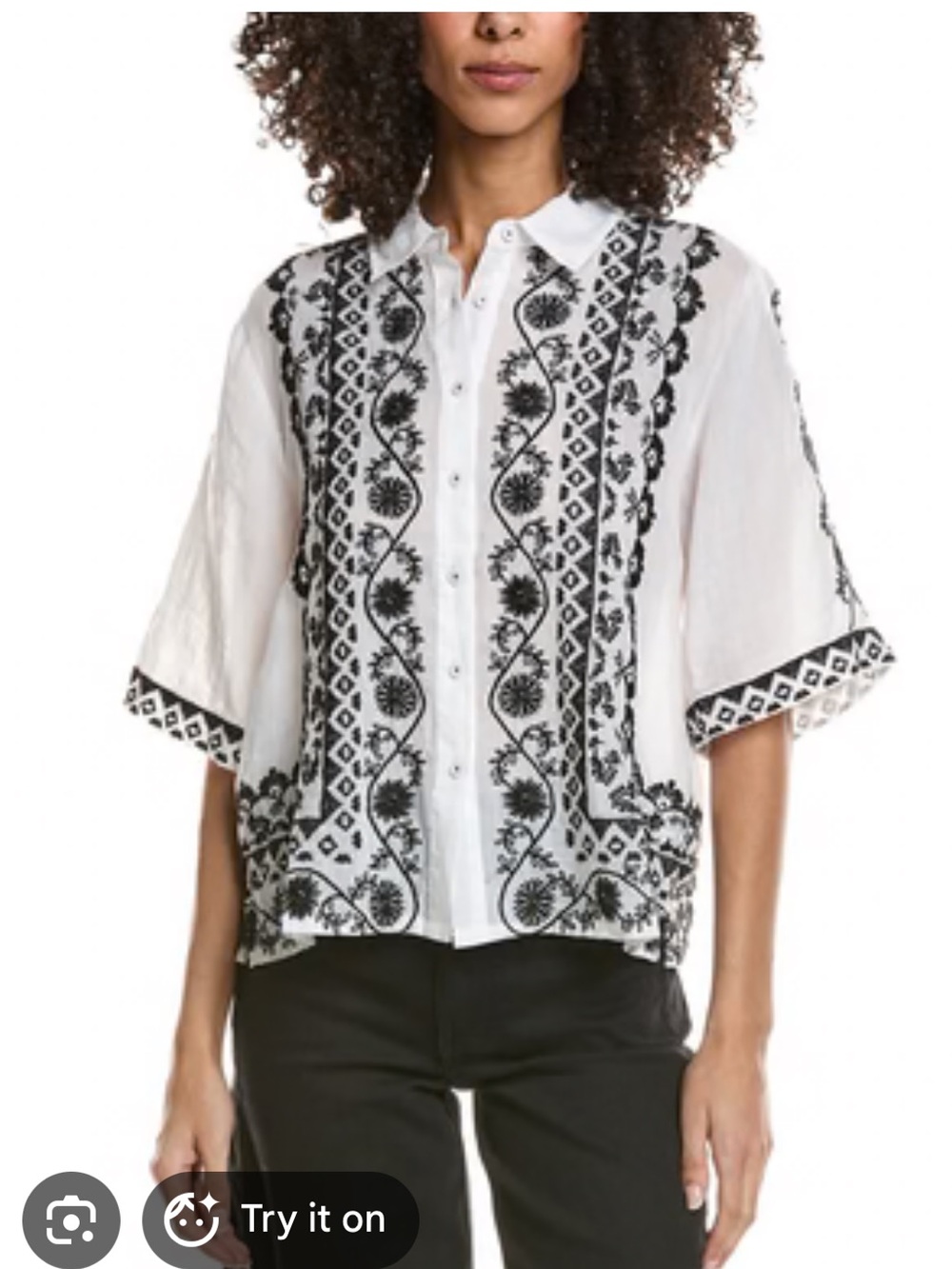 Johnny Was Talia Relaxed Kimono short sleeve shirt black & White embroidered Lar